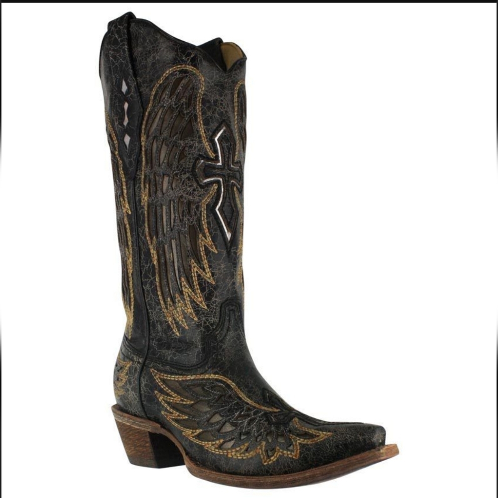 Corral Vintage Cross & Wings Snip Toe Cowboy Boots Women's Sz 7 Black Western